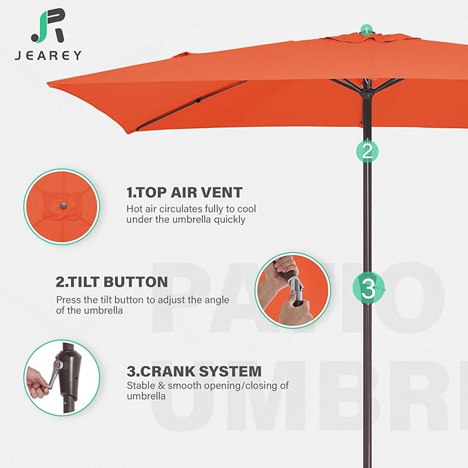 JEAREY 6.5x10 ft Rectangular Patio Umbrellas Rectangle Outdoor Umbrella with Push Button Tilt and Crank, Market Table Umbrella 6 Sturdy Ribs UV Protection for Poolside Garden Backyard Deck, Orange