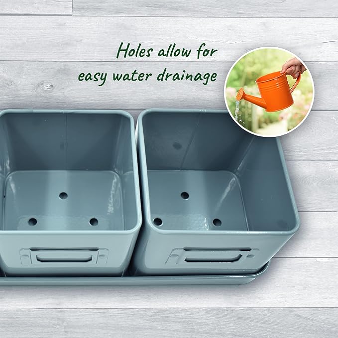 volila Herb Planter Indoor - Set of 3 Teal Blue Indoor Herb Garden Pots for Plants with Leather Handled Tray - Window Sill Plant Shelf - Herb Pots with Drainage Holes and Labels