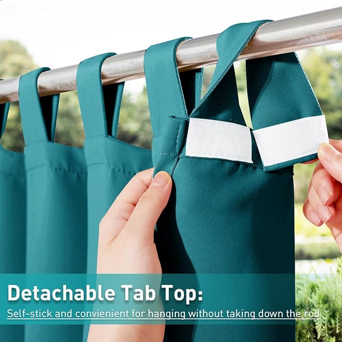 NICETOWN 2 Panels Peacock Teal Patio Curtainss Outdoor Waterproof with Self-Adhesive Tab Top, Thermal Insulated Heat & Cold Blocking Outdoor Curtainss for Easy Hanging & Sliding, W52 x L84