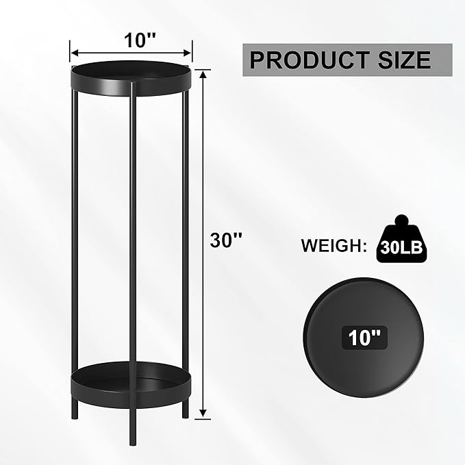 Metal Black Tall Plant Stand Indoor or Outdoor - 30 inch 2 Tier Modern Corner Planter Shelf Rack with 2 Removable Display Shelves(10 inch) for Bedroom Living Room Balcony