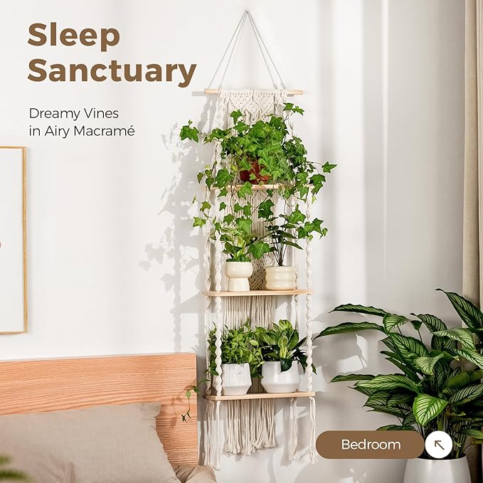 Bamworld Plant Wall Shelf Boho Plant Stand Window Plant Shelf 3 Tier Macrame Plant Hangers Boho Room Decor Hanging Shelf for Bedroom, Living Room, Balcony