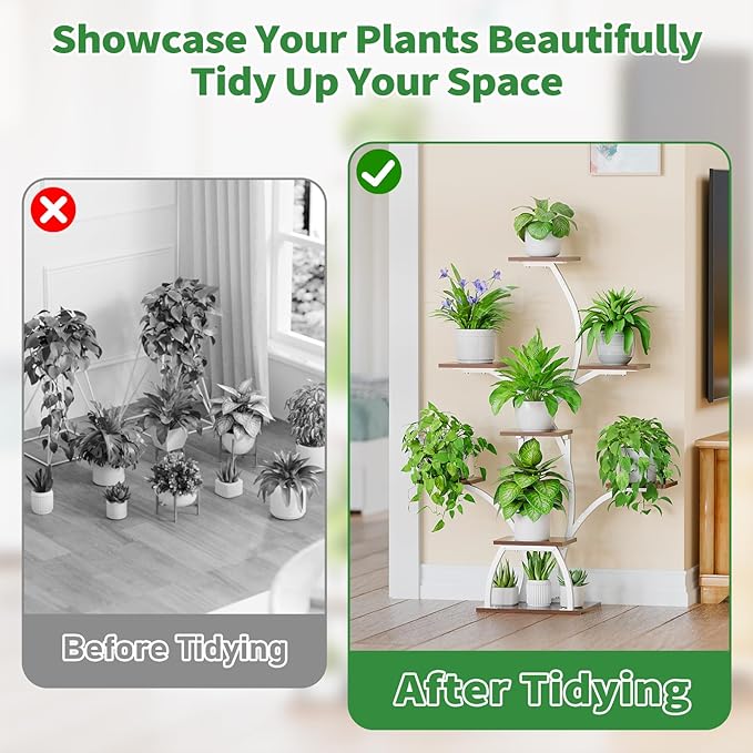 Plant Stand Indoor with Grow Lights, 6 Tiered Plant Shelf Indoor, 50" Corner Plant Stands for Indoor Plants, Lighted Tree-Shaped Plant Holder, Tall Flower Display Rack for Living Room, Patio（White)