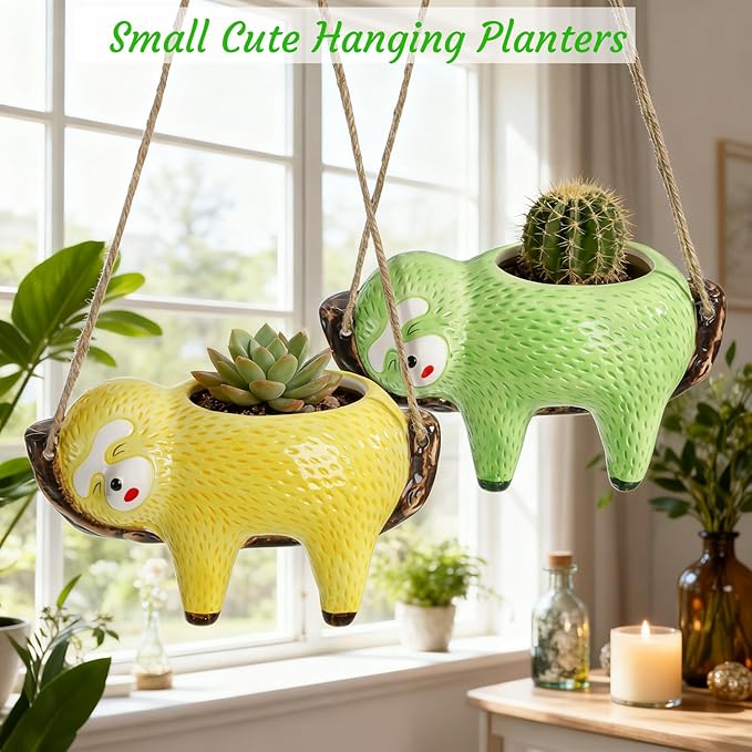 Hacaroa 2 Pack Sloth Hanging Planters for Indoor Plants, Ceramic Small Succulent Pots Cute Cactus Pot, Plant Hanger Holder Gifts for Plant Lovers, Home Decor, 2 Colors