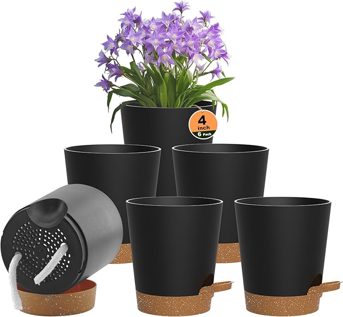Self Watering Pots, 4 inch Flower Pots with Multi Mesh Drainage Holes, Small Platic Planters for Indoor Outdoor Garden Plants and Flowers (Black with Brown Tray, 4")