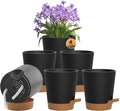 Self Watering Pots, 4 inch Flower Pots with Multi Mesh Drainage Holes, Small Platic Planters for Indoor Outdoor Garden Plants and Flowers (Black with Brown Tray, 4")