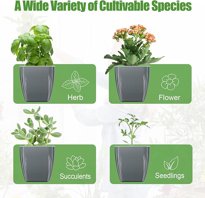 4 Pack Self Watering Pots 4-inch Decorative Flower Planters for Indoor Plants Modern Square planters for Small Plants Window Sill Planters for Succulents, African Violets, Herbs(Sliver Black)