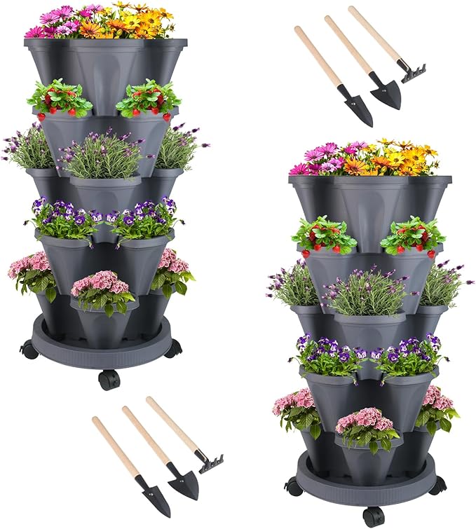 DUNCHATY Stackable Planter, Vertical Garden Planter with Wheels and Garden Tools, Strawberry Planter Indoor/Outdoor 5 Tier Herb Planter Pots for Growing Vegetables and Succulents,Dark Gray