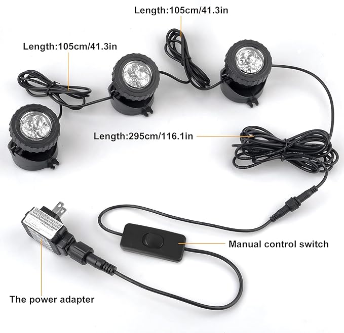 3000K Warm White Pond Lights, LED Underwater Submersible Landscape Spotlights, Switch Control IP68 Waterproof Fountain Light Lighting for Fish Aquarium Tank Garden Yard Pool (Set of 3)