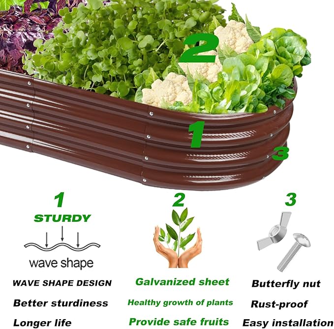 Raised Garden Bed Galvanized Planter Box Outdoor, Rot-Resistant Metal Garden Bed Planter for Vegetables Flower Herb (8ft, Brown)