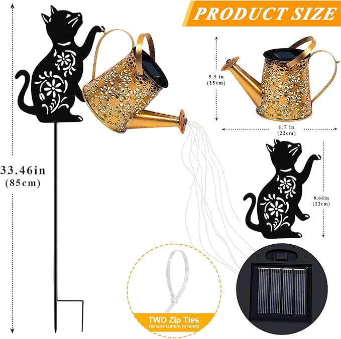 Solar Lights Outdoor Decorative, Watering Can with Cascading Lights, with Cat Silhouette Garden Stakes, Gifts for Mom Women, Waterproof Metal Garden Decor for Yard Art, Outside, Patio, Lawn Ornaments
