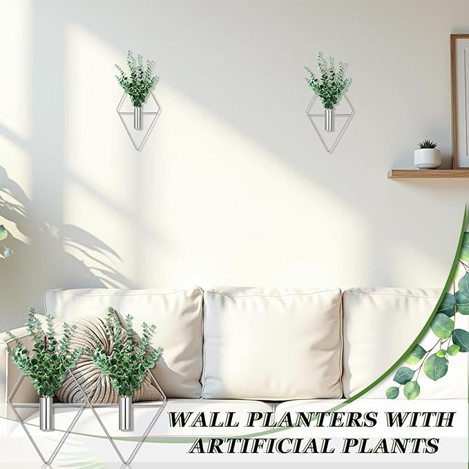 2 Pieces Wall Decor Hanging Planters with Artificial Plants Metal Hanging Vase Indoor Plants Holder Modern Boho Wall Art for Bathroom Bedroom Living Room Decor(Silver, Eucalyptus)