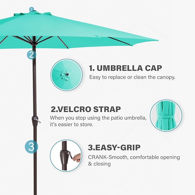 MEWAY 12ft Patio Umbrella Outdoor Table Umbrellas with Crank, Market Umbrella 8 Sturdy Ribs for Deck, Garden, Pool and Backyard, Turquoise