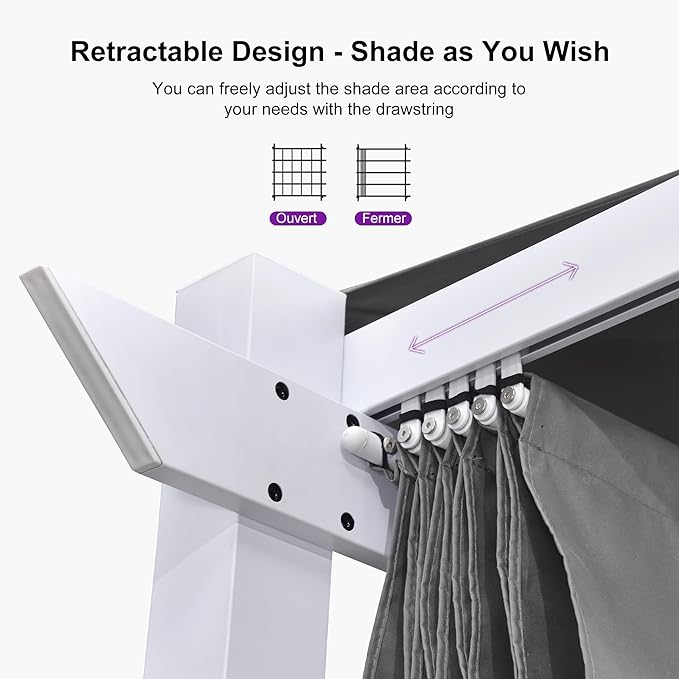 PURPLE LEAF 10' x 10' Outdoor Aluminum Pergola White Heavy-Duty Retractable Pergola Patio Metal with Double Sun Shade Canopy for Backyard Gardens Deck, Grey