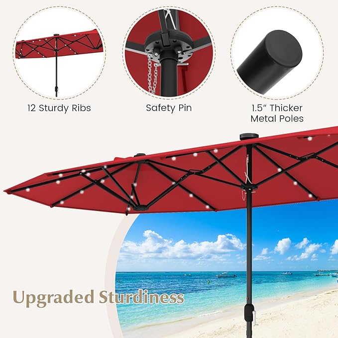Tangkula 9 Pieces Rattan Outdoor Dining Set with 13Ft Solar Patio Umbrella for 6, Outdoor Wicker Table Set with 8 Cushioned Chairs, Acacia Wood Top, Outdoor Umbrella with Base Included