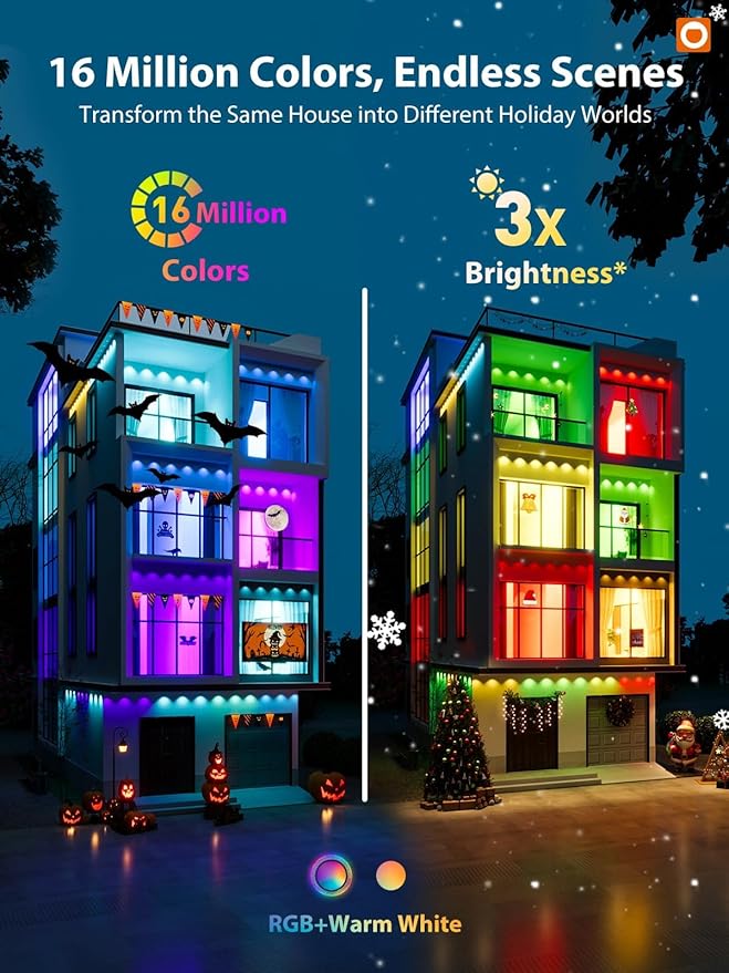 addlon Permanent Outdoor Lights, Smart RGB+IC LED Lights for House & Outdoor Decor, App & Remote Control, Scene Modes, IP67 Waterproof for Christmas, Holiday, Valentine's Day Decorations, 200FT