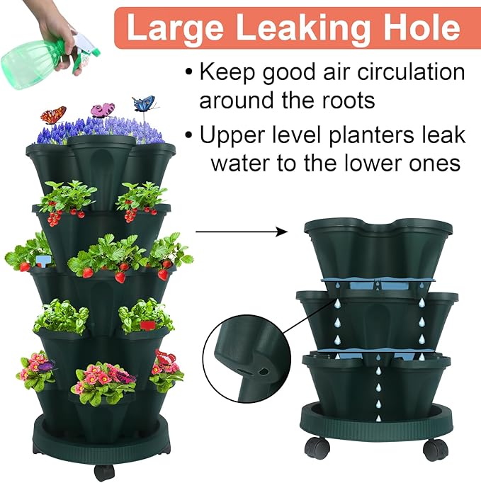 GameXcel Vertical Planter, 5 Tier Stackable Strawberry Planter with Garden Tool Set, Movable Indoor/Outdoor Garden Herb Pot for Growing Vegetables and Succulents, Green