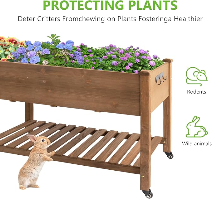 Raised Garden Bed with Legs & Wheels –, Outdoor Elevated Planter Box with Storage Shelf & Hooks for Vegetables, Flowers, and Herbs for Outdoor Gardening, Patio, Balcony,48"x 24"x 33"(Brown)