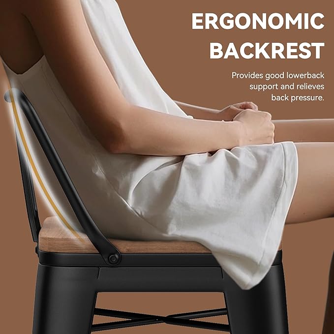 Yongchuang 24" Metal Barstools Set of 4 Counter Bar Stools with Wood Top Low Back Matte Black