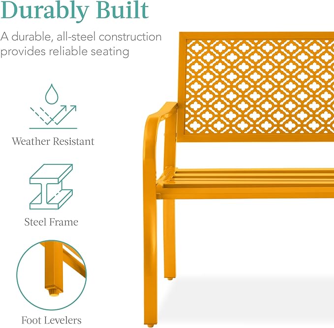 Best Choice Products Outdoor Bench 2-Person Metal Steel Benches Furniture for Garden, Patio, Porch, Entryway w/Geometric Backrest, 790lb Capacity - Marigold