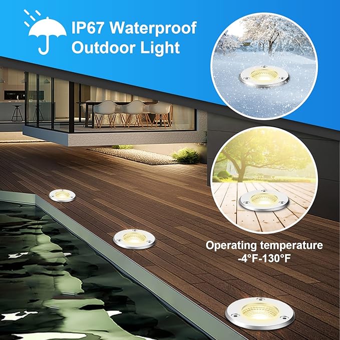 LED Landscape Lights, 12 Pack 7W Ground Lights With 24 Connectors, Low Voltage In-Ground Well Pathway Lighting, Daylight White, Waterproof for Driveway, Deck, Garden