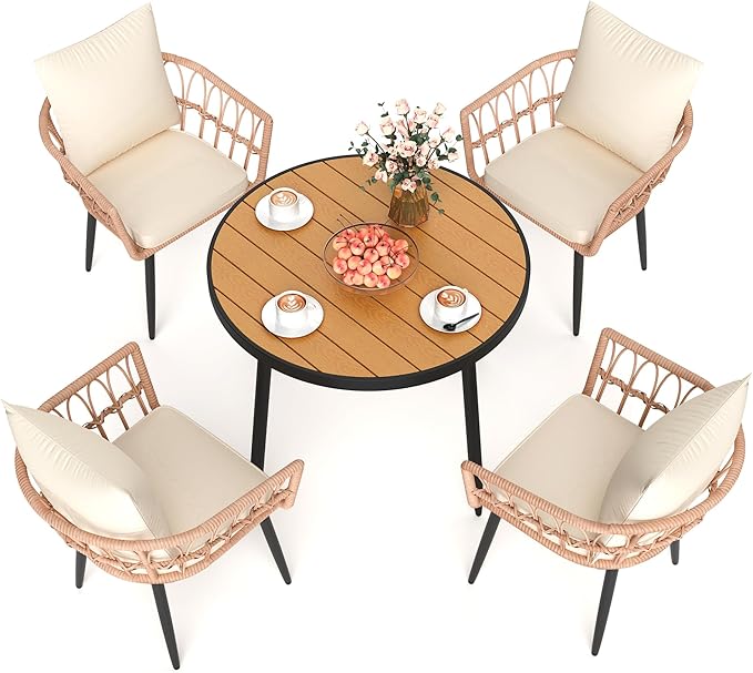 Pamapic 5-Piece Outdoor Dining Set, All-Weather PE Rattan Outdoor Furniture Set with Wood Table Top, Patio Dining Set with Cushion Chairs & Round Table for Garden, Lawn, Patio (Yellow & White)