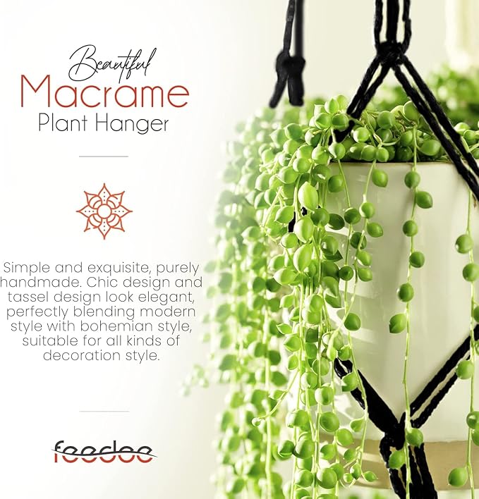 Feedee Macrame Plant Hangers - 6 Pack, Black, Indoor/Outdoor, Cotton