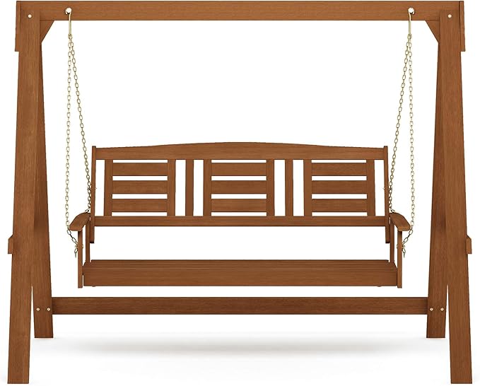 Furinno Tioman Hardwood Patio / Garden / Outdoor Large Porch Swing, 3 Seater with Hanging Frame, Natural