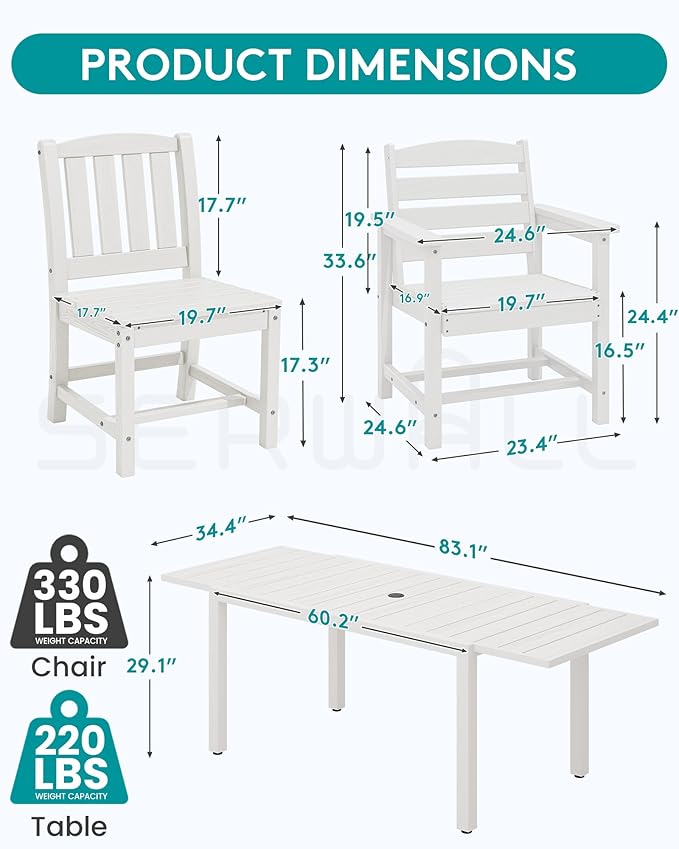 SERWALL 11-Piece Outdoor Dining Set, 60" - 83" Expandable Outdoor Dining Table and 10 HDPE Chairs, All Weather HDPE Outdoor Furniture Set for Backyard, Garden, White