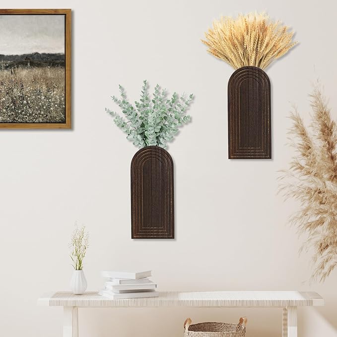 2 Pack Wooden Wall Vase Set - Dark Brown Finish Modern Farmhouse & Boho Wall Decor for Entryway, Hallway, Bathroom, Living Room, Dining Room, Narrow Spaces