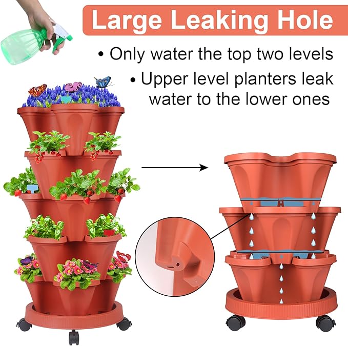 DUNCHATY Stackable Planter, Vertical Strawberry Planter with Garen Tool Set, Self Watering Garden Planter Indoor/Outdoor 5 Tier Herb Planter Pots for Growing Vegetables and Succulents, Clay Red