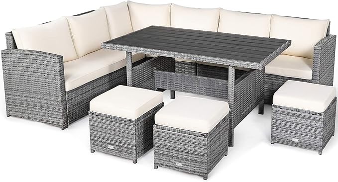 Tangkula 7 Pieces Patio Furniture Set, Outdoor Sectional Rattan Dining Sofa Set with Cushions, All Weather Wicker Conversation Couch Set with Dining Table & Ottomans for Yard Garden Poolside, White