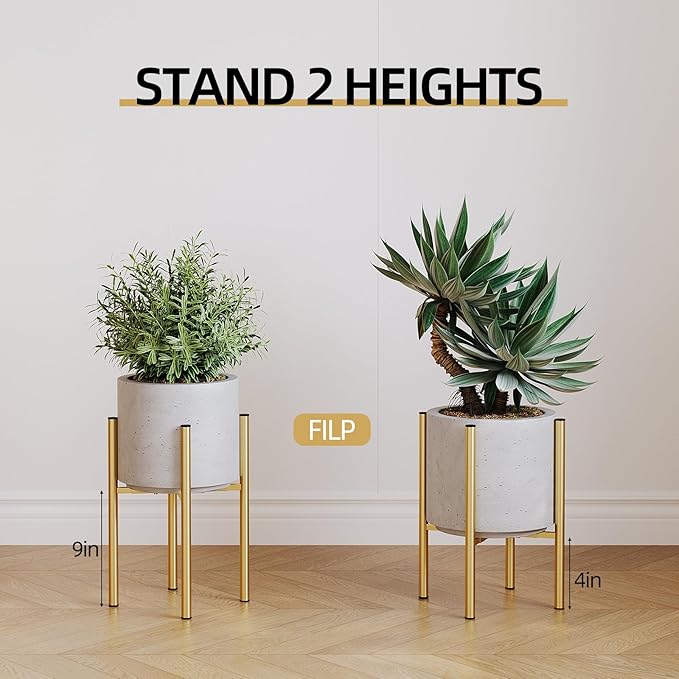 Plant Stand Indoor for 2 Height Options ,Mid Century Modern Outdoor Planter Holder,Corner plant stand Capacity of 160LB for 8 to 14 Inch Pots Golden with Round Plate 2 Pack