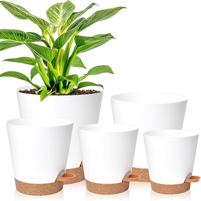 Planters for Indoor Plants 7/6.5/6/5.5/5 Inch, Self Watering Planters with Drainage Holes and Saucers 5 Pack Plastic Pots for Plants, Succulents, Herbs, Cactus, Flower Pots, White