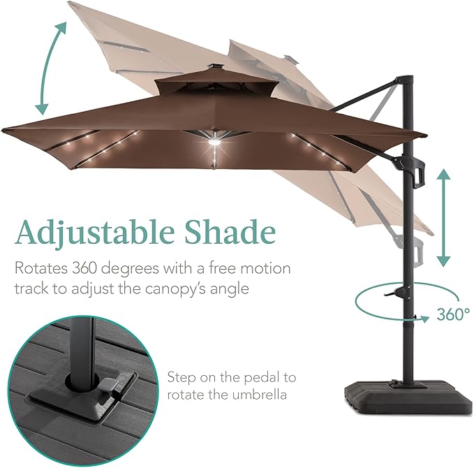 Best Choice Products 10x10ft Cantilever Patio Umbrella w/Base Included, Solar LED Lights 360 Rotation Large Offset Hanging Outdoor Shade for Deck Pool Backyard w/Stand – Brown