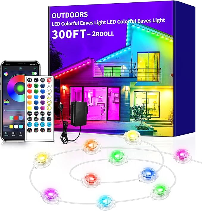 300ft Permanent Outdoor Light, RGB Outdoor eave Light,IP67 Waterproof LED eave Lights,Suitable for Party, Daily,Halloween,Christmas,Rooftop,Garden,Patio（2 Rolls of 150ft）