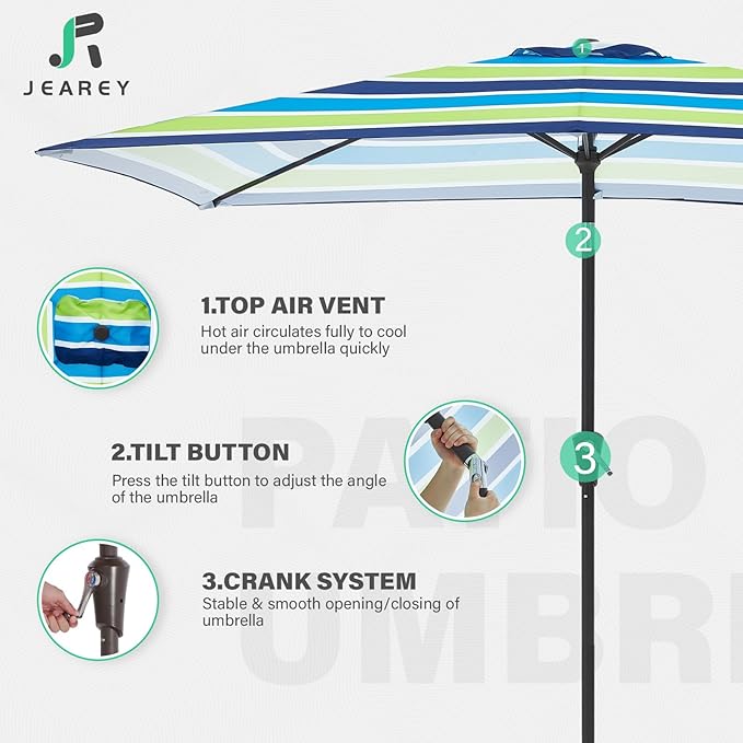 JEAREY 6.5x10 ft Rectangular Patio Umbrellas Rectangle Outdoor Umbrella with Push Button Tilt and Crank, Market Table Umbrella 6 Sturdy Ribs UV Protection for Poolside Garden Backyard Deck, Blue-Green Stripe