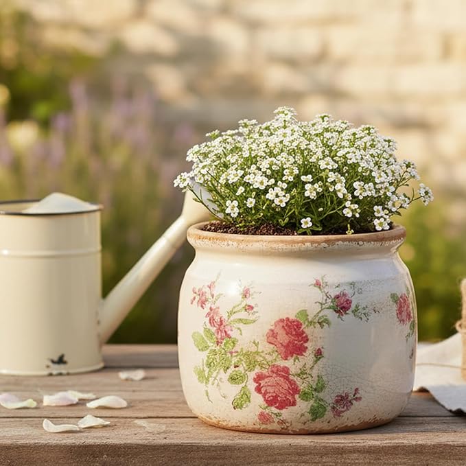 Decorative Pots Spring Decor, Pastel Floral Ceramic Garden Pots with Drainage, 6.29 Inch Pink Vintage Grandma Flower Pots for Indoor Plants & Succulent, Crackle Glaze Pottery Planters, Mom Gifts