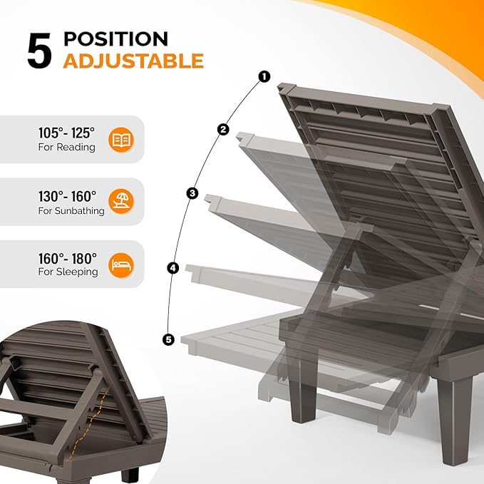 VINGLI Outdoor Chaise Lounge Chair for Outside Pool Patio, Adjustable Waterproof Easy Assembly Chaise Lounge Outdoor (Light Taupe, 1 PCS)