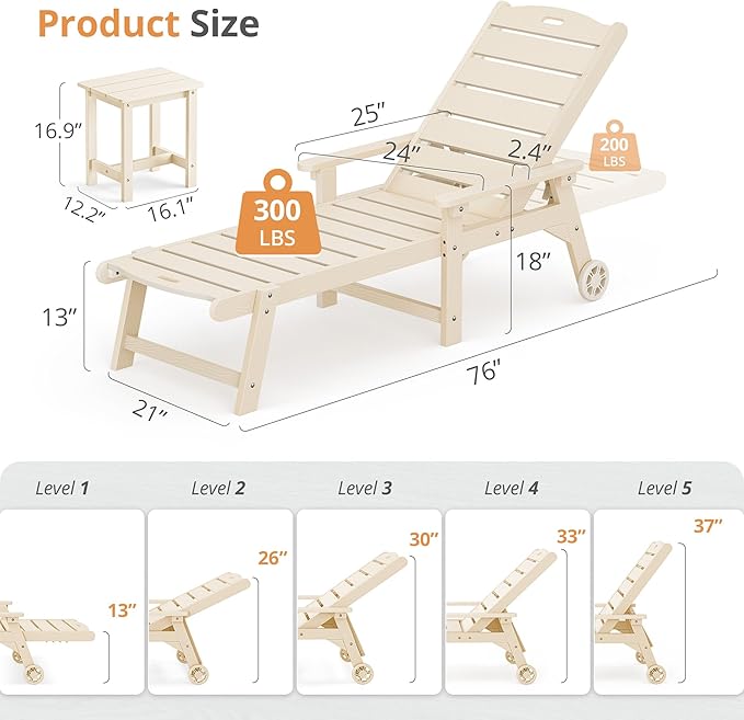 LUE BONA Chaise Lounge Chair with Table, 6-Piece, HDPS Chaise Lounger, 5 Positions Adjustable Lounge Chairs, Pool Lounge Chair with Wheels for Poolside, Backyard, Sand