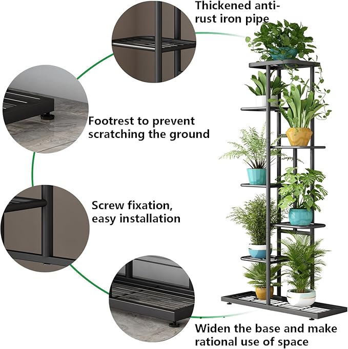 LINZINAR Plant Stand Metal 7 Tier 8 Potted Multiple Flower Pot Holder Shelf Indoor Outdoor Planter Display Shelving Unit for Patio Garden Corner Balcony Living Room, DarkGrey