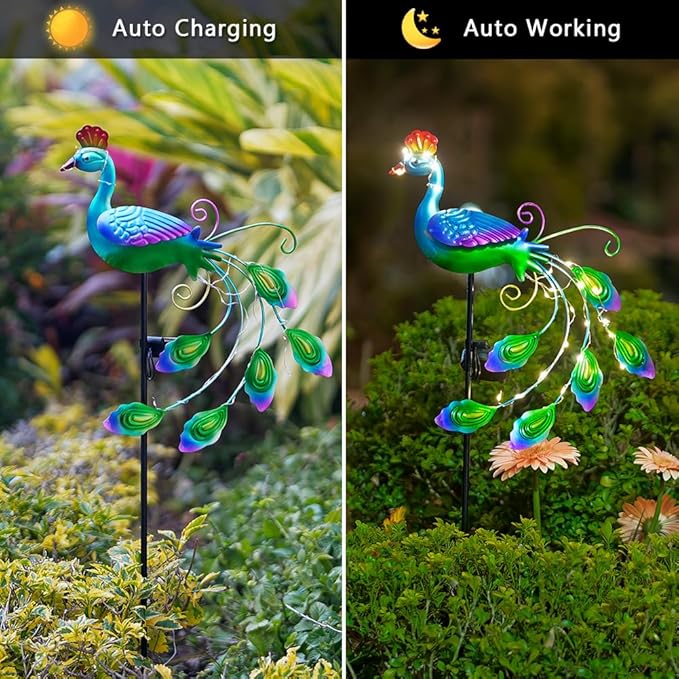 DREAMSOUL 2 Pack Metal Peacock Solar Lights Outdoor Waterproof LED Solar Lights, Decorative Garden Stakes for Yard Pathway Peacock Decor