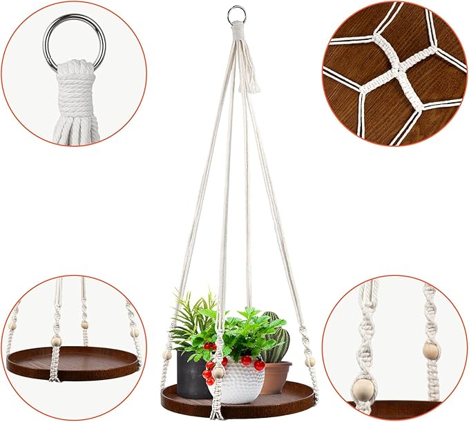 E-Know Macrame Plant Hanger - 2 Set Indoor Hanging Planter Shelf - Hanging Planter Rack Decorative Flower Pot Holder - Handmade Cotton Plant Hangers with Wood Tray Boho Home Decor