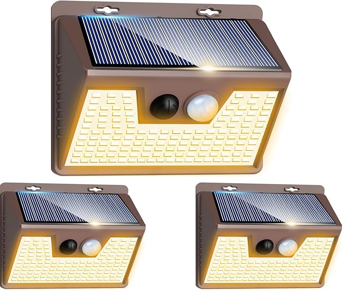 Peasur Solar Lights Outdoor Motion Sensor Waterproof, 3Pack 140LED Brown Solar Powered Fence Light, 3 Modes Security Wall Lights for Garden Yard Outside(Warm White)