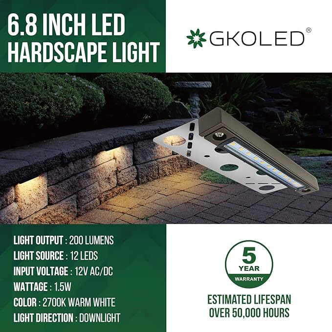 GKOLED 6.8 Inch LED Low Voltage Outdoor Hardscape Light, Light Module Replaceable, Retaining Paver Wall Step Lighting, 2700K 1.5W, IP65 for Wet Location, Die-cast Aluminum Housing (Pack of 2)