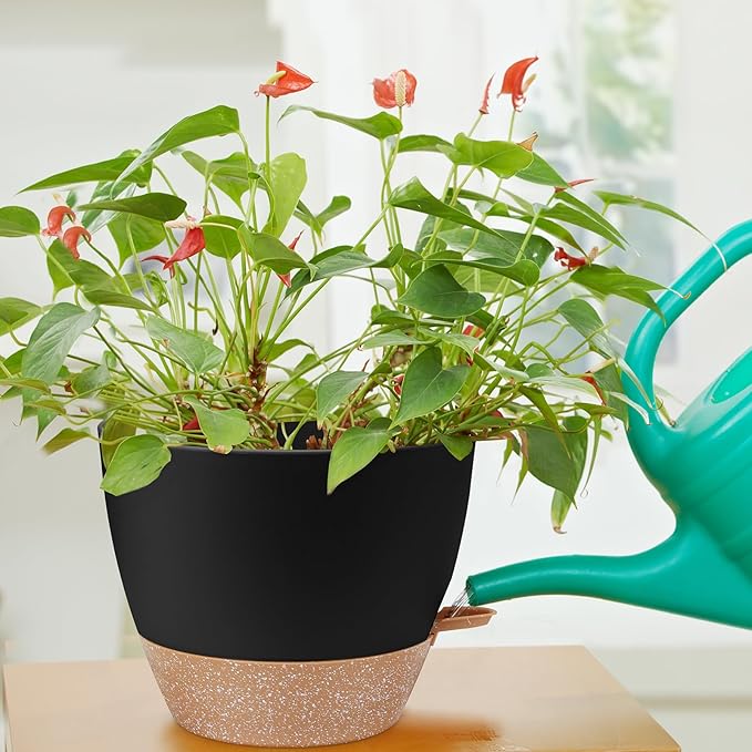 12 inch Large Self Watering Plant Pots, Flower Pots Planters with Multi Mesh Drainage Holes for Indoor Outdoor Garden Plants and Flowers.（Black）
