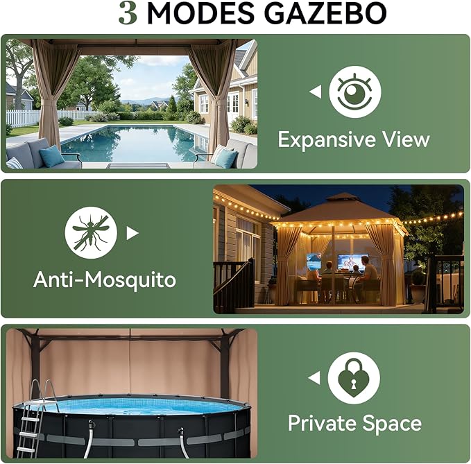 AOXUN Outdoor Gazebo for Patio 8x8 Metal Frame Canopy with Double Roofs Heavy Duty Party Tent and Shelter with Mosquito Netting and Privacy Screen for Backyard, Lawn, Garden, Deck (Khaki)