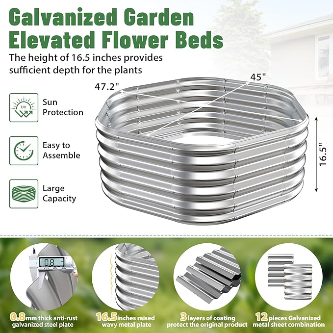 Hexagon Raised Garden Bed, 48 Inch Diagonal & 16.5 Inch Tall, Galvanized Steel Planter Box with Wave-Shaped Metal Panels for Outdoor Flower,Tree,Herb & Vegetable Garden (Silver, 4FT X 1.5FT)