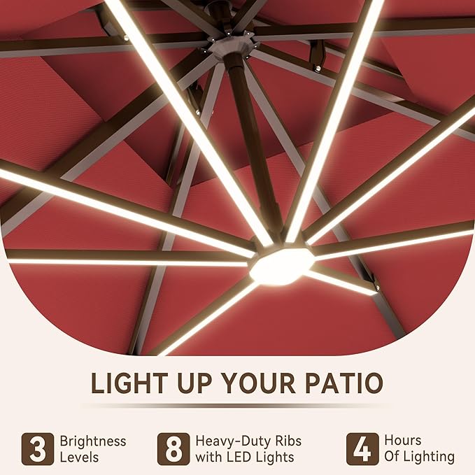 10 X 13 FT Cantilever Outdoor Patio Umbrella with Base Included with Led Lights Large 360° Rotation Double Top Offset Heavy Duty Rectangular Umbrellas for Backyard Outside Deck, Wine Red