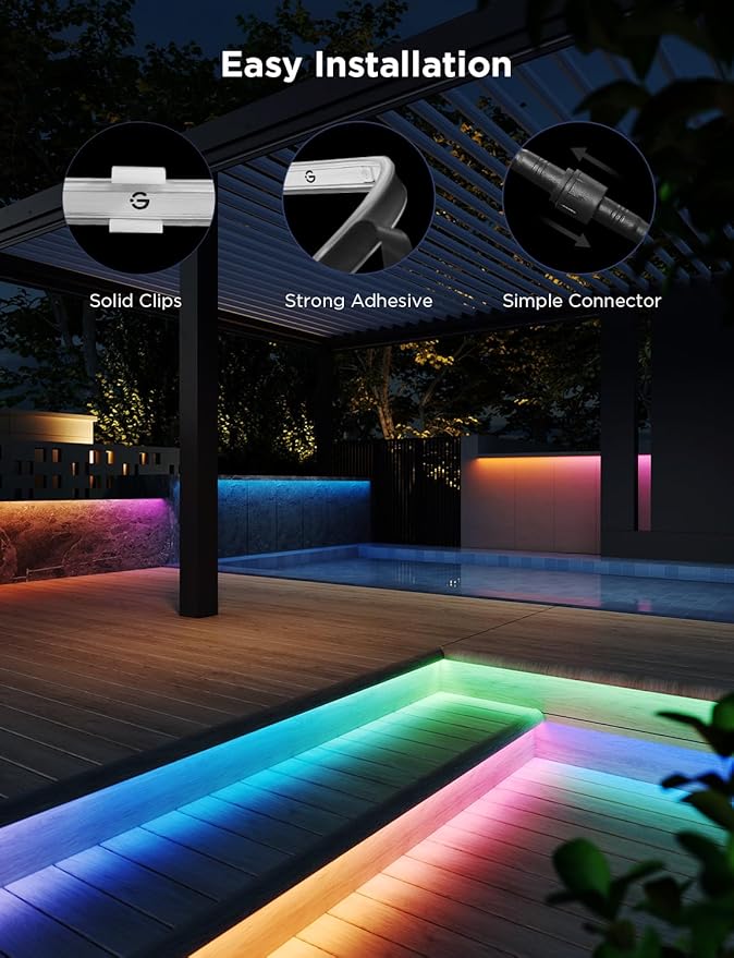 Govee Outdoor LED Strip Lights RGBIC with Warm and Cold White, 65.6ft 2.4G WiFi Smart Outdoor Lights, IP65 Waterproof, Work with Alexa and Google Assistant, App Control, for Porch, Patio, Eave, Party