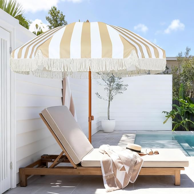 AMMSUN 7ft Patio Umbrella with Fringe Outdoor Tassel Umbrella UPF50+ Premium Steel Pole and Ribs Push Button Tilt, Stripe Beige